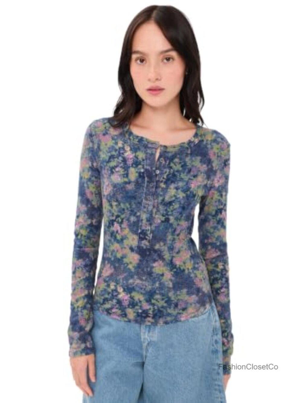 Free People Jamie Henley Printed Top in Floral Haze Navy C Size S